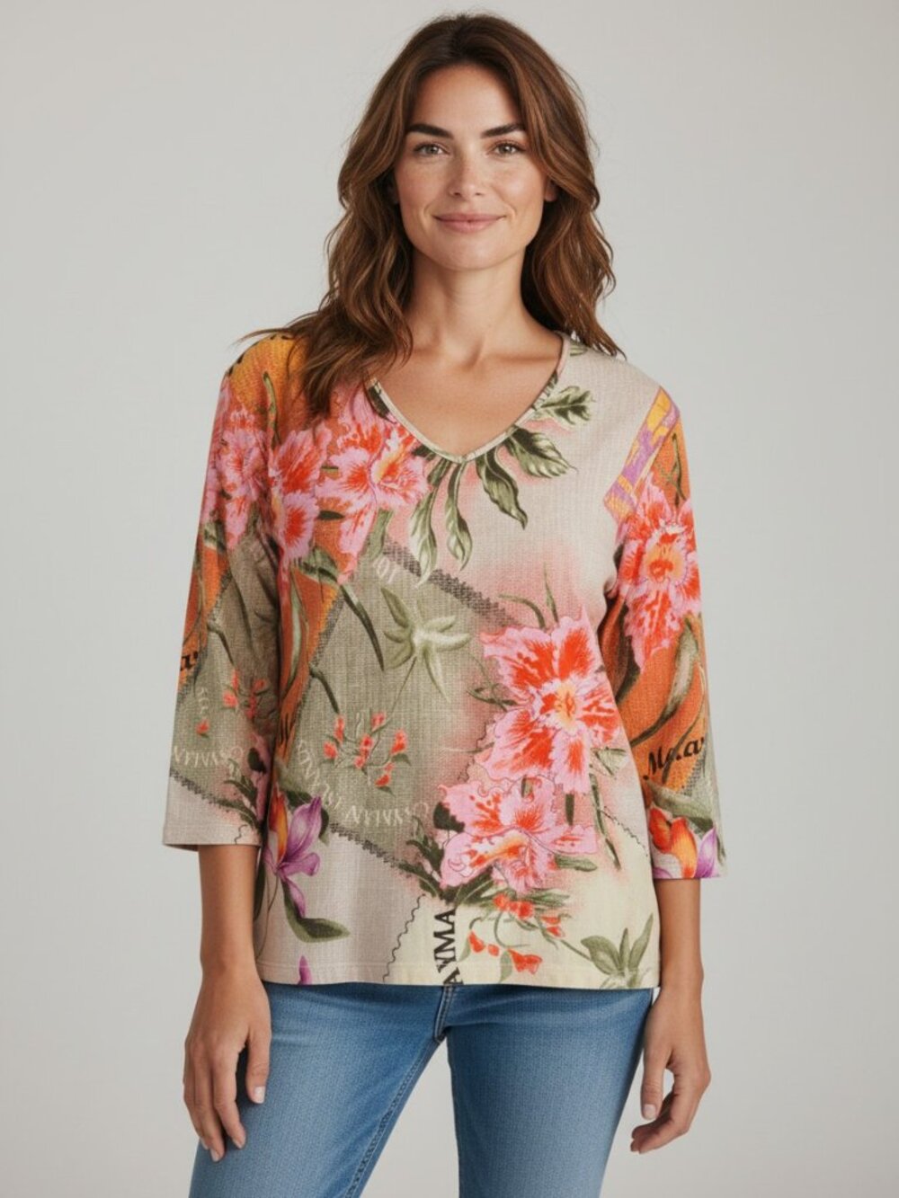 Caribbean Joe Tropical Floral Postcard Top L 3/4 Sleeve Resort Vacation Boho